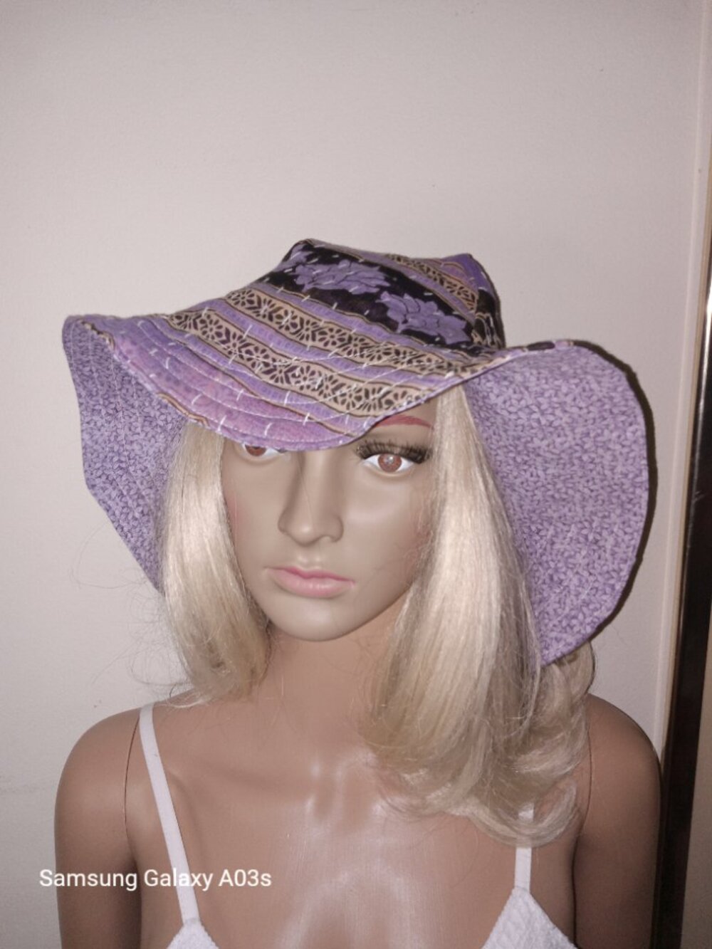 Kantha Sun Hat Purple Black M-L Reversible Handmade Cotton Boho Beach KS12.